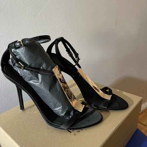 Black Satin with Gold signature hardware sandal heel - Picture 4 of 15